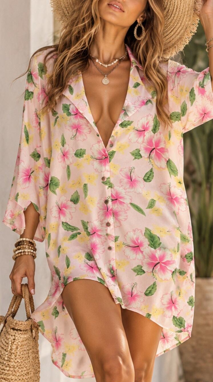LPA Women’s S Small Pink Hibiscus Floral Shirt Dress Beach Cover Up Button Front